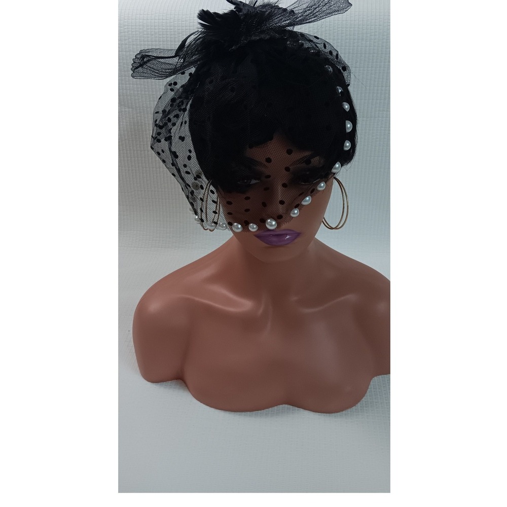 Black Fascinator Hat with Net Veil Faux Pearl Beads Feathers and Hair Clips